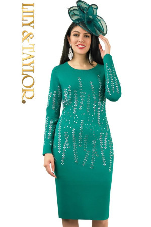 Lily and Taylor 804 Long Sleeve Knit Dress with Rhinestones