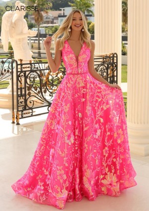 Size 10 Flamingo Clarisse 810458 Iridescent Sequin Floral Prom Gown