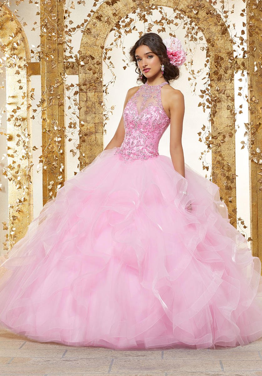 pink ruffled quinceanera dresses