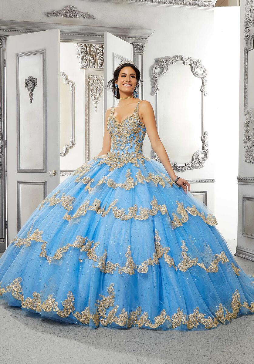 blue and gold quinceanera dresses