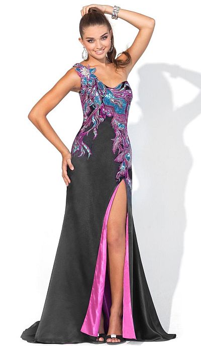 Blush Prom Bold One Shoulder Peacock Evening Dress 9356: French Novelty