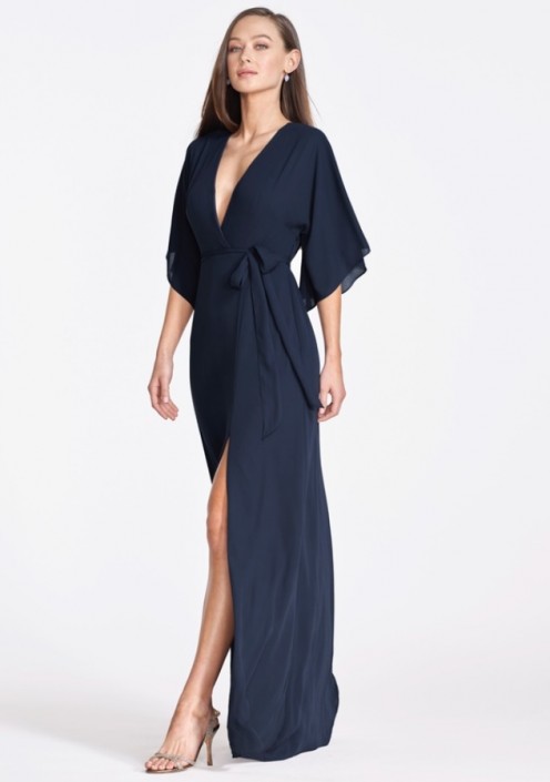 flutter sleeve georgette wrap bridesmaid dress