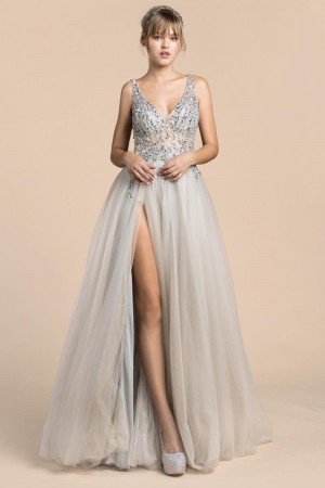 Andrea and Leo A0391 Trickle Bead Gown with Slit