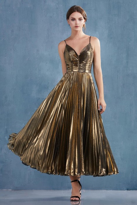 pleated tea length dress