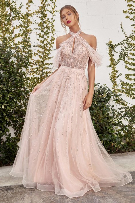 Andrea and Leo A1023 Anastasia Feather Draped Gown