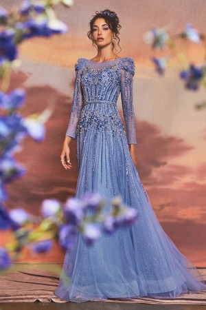 Andrea and Leo A1167 Azurite Beaded Long Sleeve Gown