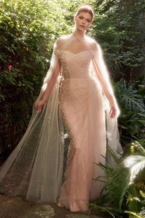 Andrea and Leo A1219 Pearl Pleated Gown with Cape