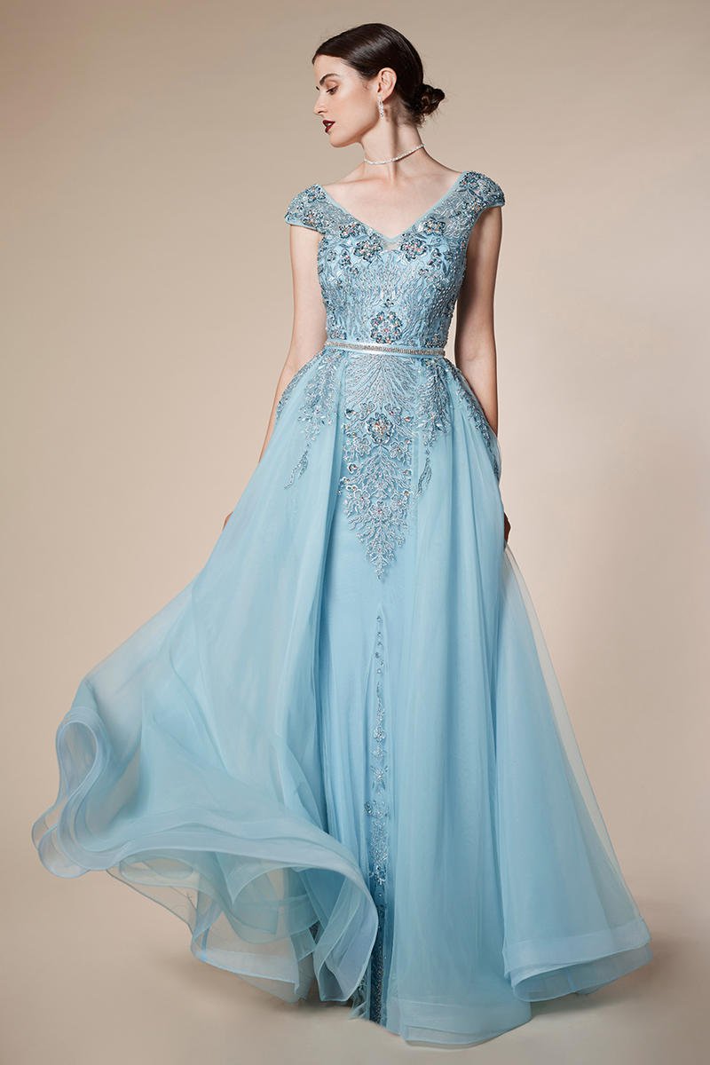 French Novelty: Andrea and Leo A5082 Dusty Blue Embroidered Gown