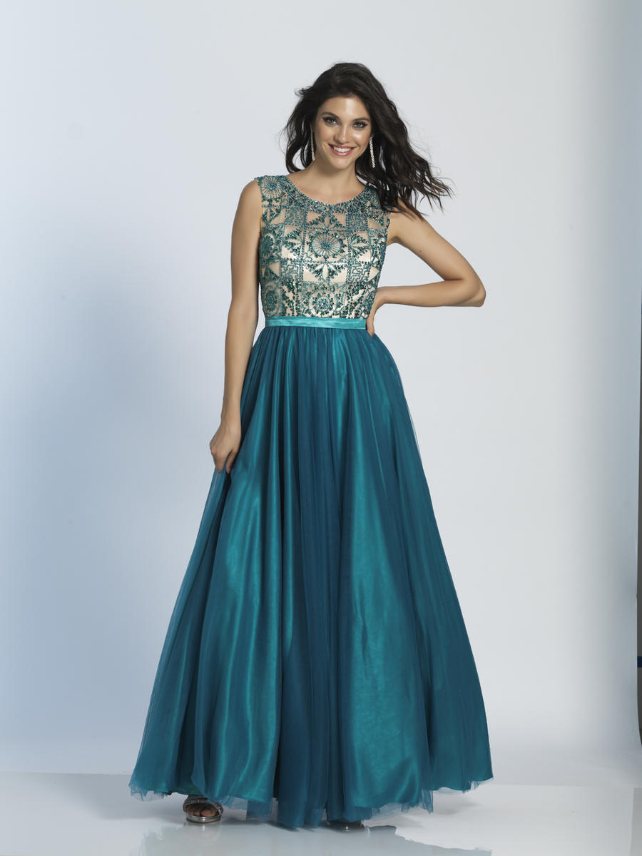 Dave and Johnny A5275 Tulle Gown with Sheer Beaded Top: French Novelty