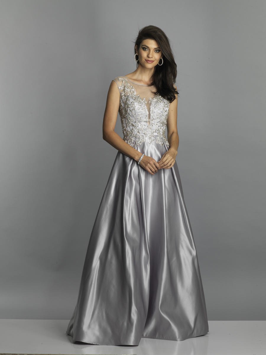 French Novelty: Dave and Johnny A7518 Silver Illusion Prom Gown