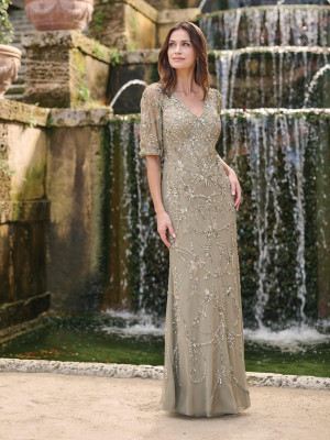 Adrianna Papell Platinum 40497 Designer Bridesmaid Gown With Elbow Sleeves