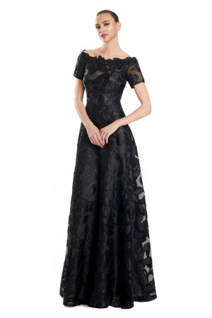 Alexander by Daymor 3113 Long MOB Dress Sheer Shimmering Leaf Print