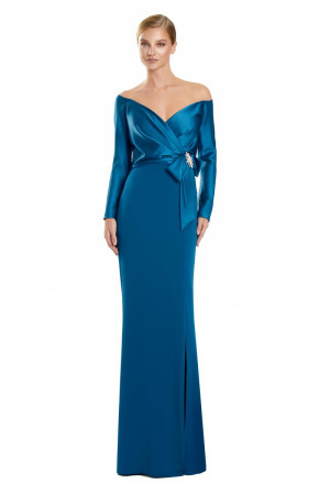 Alexander by Daymor 3133 Long Cocktail Dress With Mock Wrap Bodice