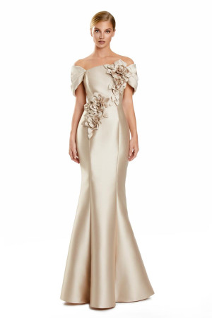 Alexander by Daymor 3152 Formal Event Dress With Diagonal 3D Flowers
