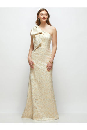 Alfred Sung D879FP Leonor Floral Bridal Party Gown With One Bow Shoulder