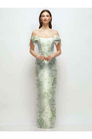 Alfred Sung D883FP Abby Floral Print Draped Bows Column Bridesmaid Gown
