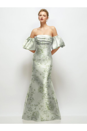 Alfred Sung D885FP Esther Floral Off Shoulder Puff Sleeve Bridesmaid Gown