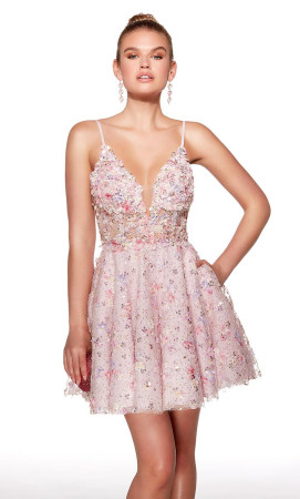 Alyce Paris 30017 Short Dress Featuring Sheer Midriff with 3-D Flowers