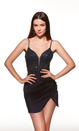 Alyce Paris 40036 Short Cocktail Dress Featuring Draped Tulip Skirt Lace