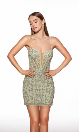 Alyce Paris 40053 Short Evening Cocktail Dress Featuring Sheer Boned Corset