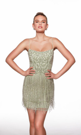 Alyce Paris 40102 Short Dress Featuring Fringe Skirt Lace Up Back