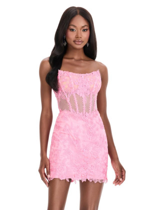Ashley Lauren 4852 Dress With Strapless Scoop Neck Lace Applique Mini