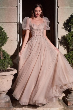 Ladivine B711 Sheer Puff Sleeve Prom Dress