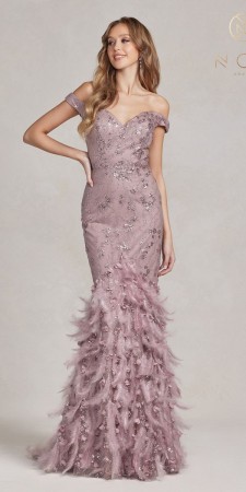 Nox Anabel C1106 Off Shoulder Feather Mermaid Gown