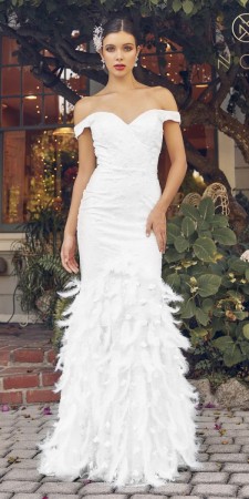 Nox Anabel C1106W Semi-Formal Wedding Gown with Feathers