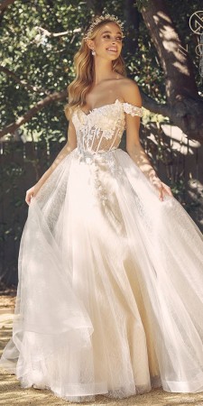 Nox Anabel C1199W Off Shoulder Sheer A-Line Bridal Gown
