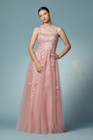 Nox Anabel C415 Floral A-Line Gown with Lace Up Back