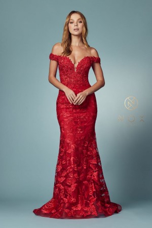 Nox Anabel C439 Off Shoulder Sheer Floral Gown