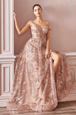 Ladivine CB069 Off Shoulder Sheer Floral Gown