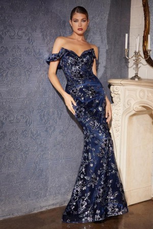 Ladivine CB074 Off Shoulder Sparkling Fitted Gown