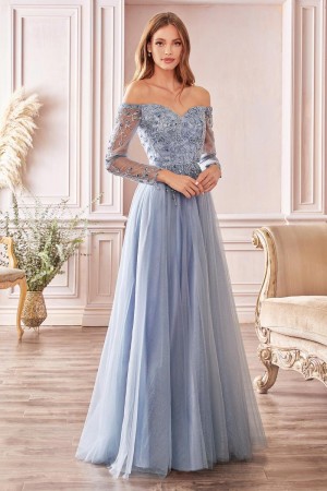 Ladivine CD0172 Off Shoulder Sheer Sleeve Gown