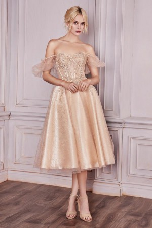 Ladivine CD0187 Off Shoulder Tea Length Dress