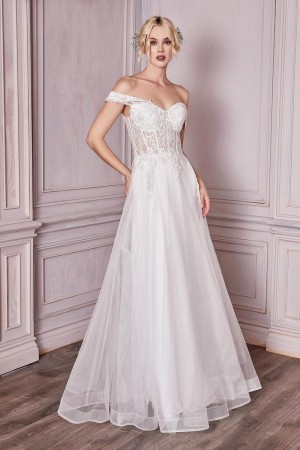 Cinderella Divine CD961W Lace Off Shoulder Wedding Dress