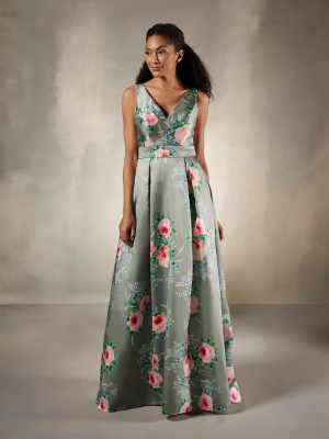Christina Wu Elegance 17214 Long Party Dress Featuring V-Neck Floral Mikado