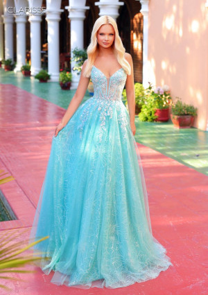 Clarisse 62310 Long Cruise Formal Gown V Neck Sheer Lace Bodice A-Line