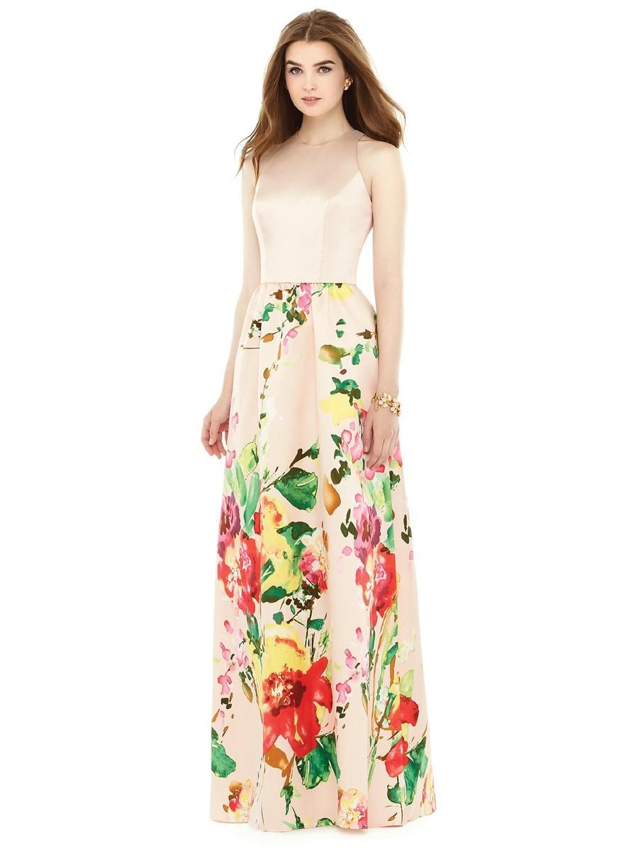Alfred Sung D707CP Bridesmaid Gown with Floral Print Skirt: French Novelty