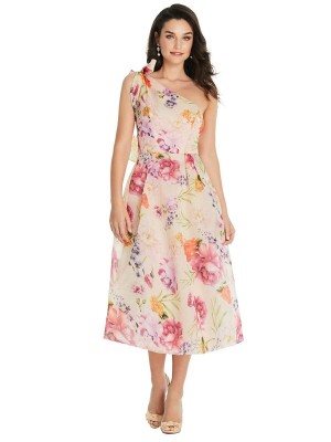 Alfred Sung D835FP Tie 1 Shoulder Floral Midi Dress