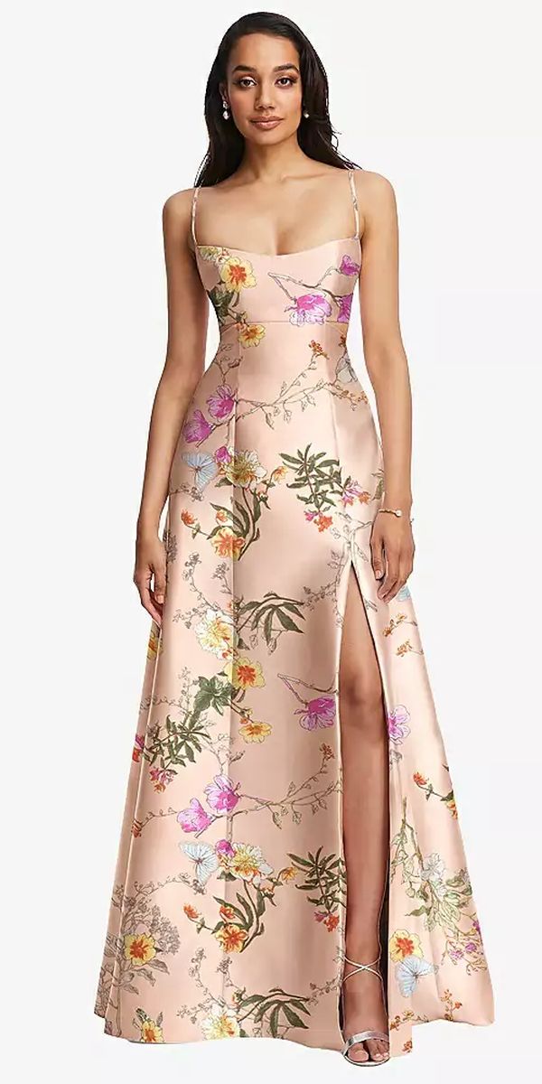 French Novelty Alfred Sung D840FP Floral Print Side Cutout Bridesmaid Gown
