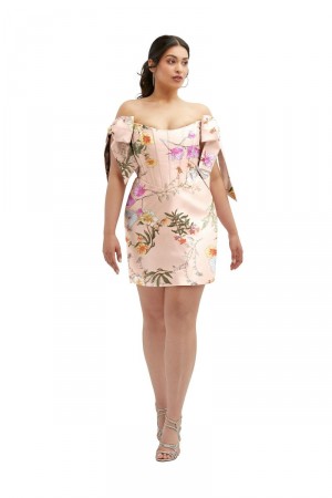 Alfred Sung D855FP Bow Shoulder Short Floral Bridesmaid Dress