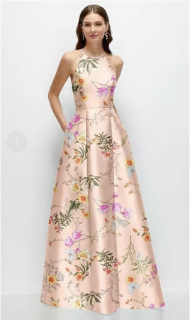 Alfred Sung D874FP Floral Print High Neck Bridesmaid Dress