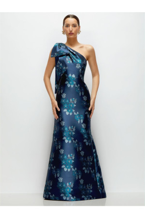 Alfred Sung D879BRD Floral Damask One Bow Shoulder Gown
