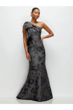 Alfred Sung D879NGM Floral Metallic Jacquard One Shoulder Gown