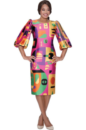 Nubiano DN100351 Abstract Print Pleated Sleeve Dress