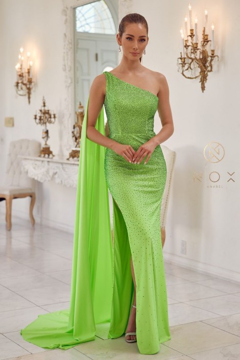 French Novelty: Nox Anabel E1039 One Shoulder Sequin Gown with Drape