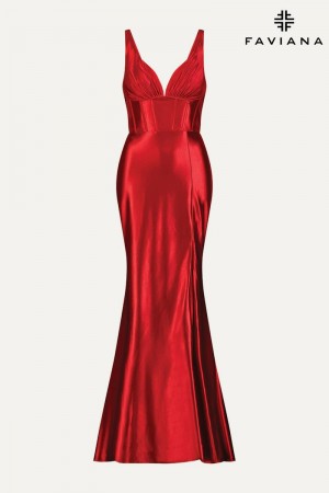 Size 16 Black Faviana E11088 Stretch Satin Plunge Neck Prom Dress