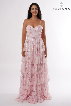 Faviana E11223 Vintage Floral Sequin Tiered Prom Dress